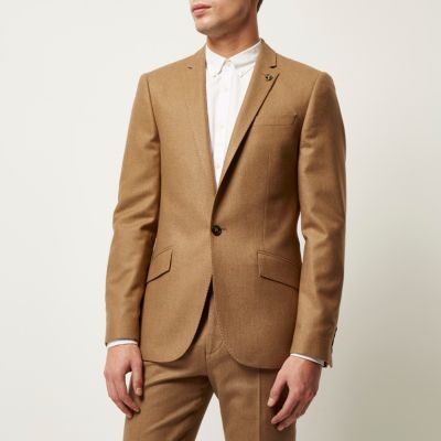 Camel wool-blend skinny suit jacket